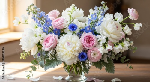 Elegant bouquet of peonies, roses, and delphiniums on wooden table