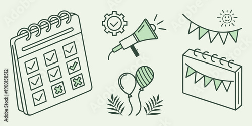 Illustrations of various elements representing a party planning checklist.