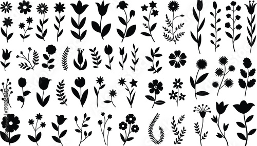 Floral silhouette collection illustration, black botanical flower icons set, minimalist vector decorative plant design elements pack