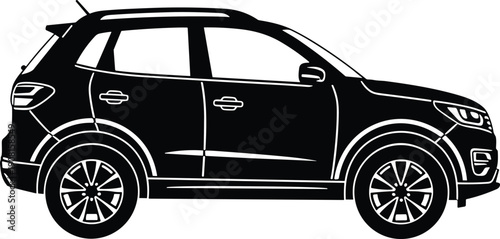 Black SUV side view silhouette isolated on white background, modern crossover vehicle vector illustration with detailed wheels and body lines for automotive design