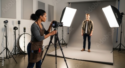 Female photographer shoots male model in professional photo studio