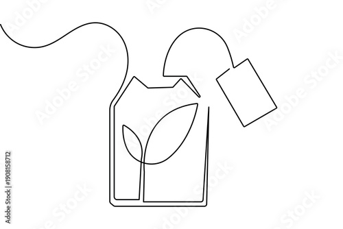 Tea bag illustration using continuous line art style for minimalist organic drink design