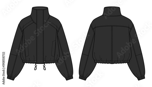 Performance Waterproof Anorak Jacket Technical Fashion Illustration. Lightweight Weatherproof Shell with Funnel Neck, Concealed Front Zip, Storm Placket and Adjustable Drawcord Hem. Front and Back CAD
