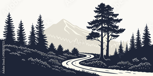 A winding path through a forest leading to a majestic mountain peak under a cloudy sky