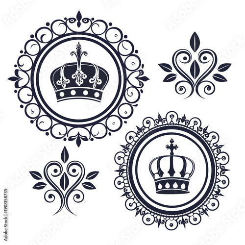 A collection of ornate and intricate heraldic symbols and crests