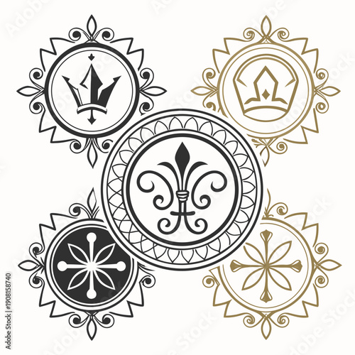 Intricate designs of various symbols and emblems in a circular pattern