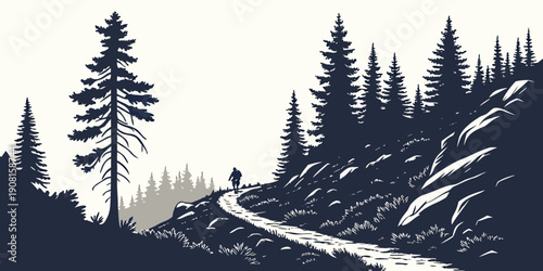 A lone hiker ascends a winding trail through a dense forest of tall pine trees
