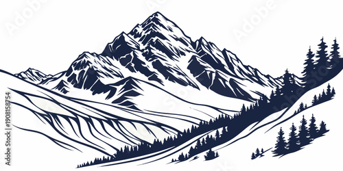 Majestic snow-capped mountains with a winding river and trees in the foreground
