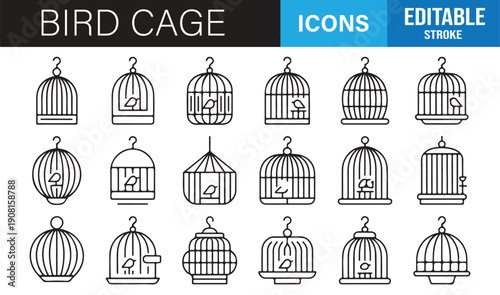 Bird cage enclosure line icon set minimal vector pack