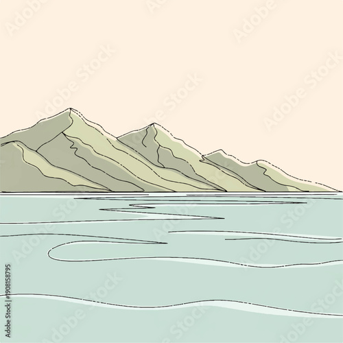 Serene minimalist hand-drawn illustration of tranquil mountains overlooking calm, reflective water under an open sky, evoking peace and natural beauty
