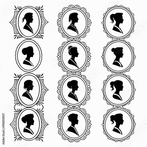 A collection of nine distinct silhouette portraits framed in ornate circular designs.