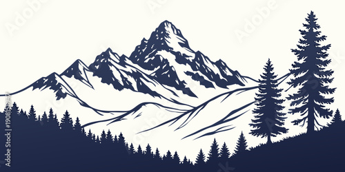 Majestic mountains tower above a serene forest landscape with snow-capped peaks