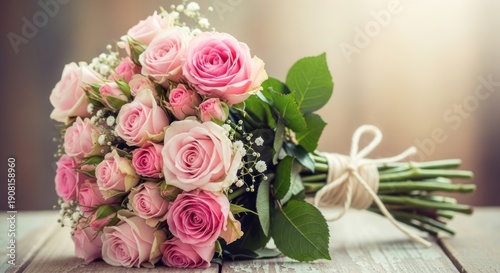 Delicate pink rose bouquet with baby's breath on wooden table
