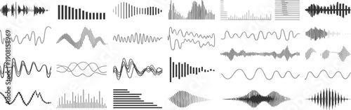 Isometric audio waveform collection illustration, sound signal frequency visualization set, music equalizer vector design elements