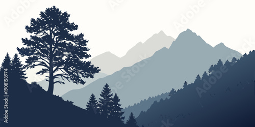 Majestic tree standing tall against a backdrop of misty mountains and forest.