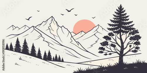 A serene landscape with a large orange sun and flying birds over a forest.