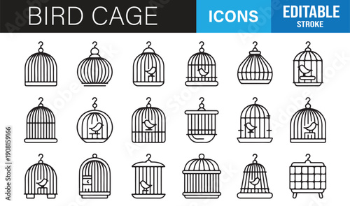 Bird cage outline icons editable stroke aviary enclosure vector set