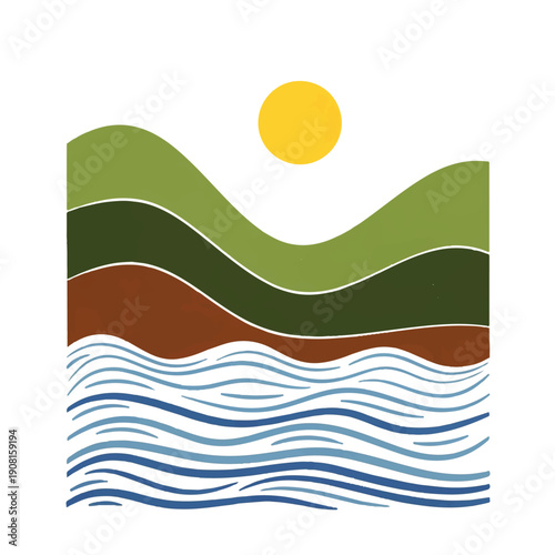 Stylized illustration depicting a natural landscape with green hills, sun, earth layers, and blue waves. Symbolizing environmental balance and nature's beauty