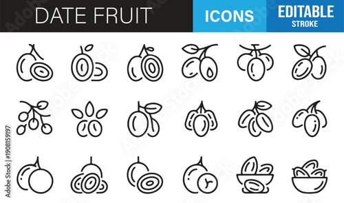 Date fruit food line icon set minimal vector pack