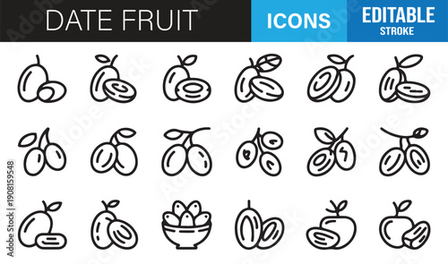 Sweet date fruit minimal line icon collection editable vector