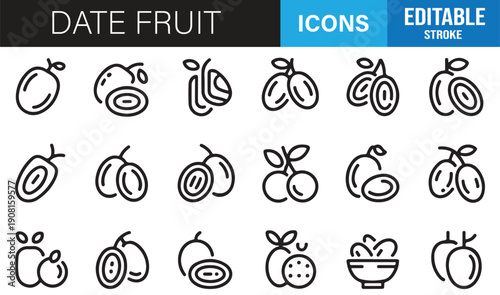 Date fruit outline icons editable stroke palm fruit vector set