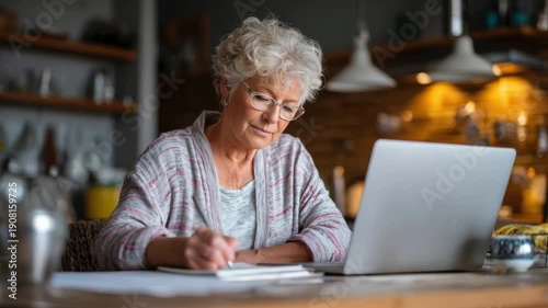 Senior Caucasian woman with curly gray hair, wearing glasses, writing notes while using a laptop in a cozy kitchen setting.