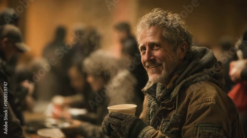 A senior Caucasian man with gray hair smiles while holding a cup in a soup kitchen. Other people are seated at tables in the background, creating a warm atmosphere.