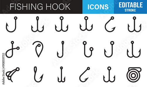 Marine fishing hook outline icons vector collection