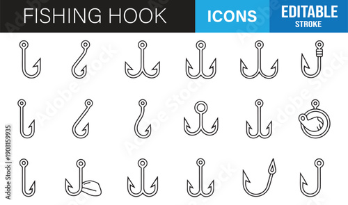 Fishing tackle and hook outline icons vector pack