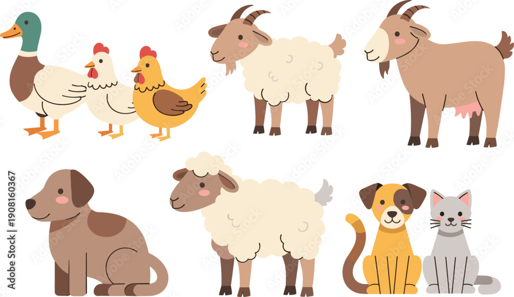 Fototapeta premium Cute Farm Animal Illustration Set with Duck, Chicken, Sheep, Goat, Dog, and Cat Characters in Friendly Cartoon Style for Kids Designs