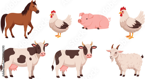 Cute Farm Animal Illustration Set with Horse, Pig, Chicken, Cow, and Sheep Characters in Friendly Cartoon Style for Kids Designs