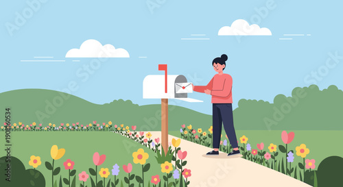 Woman Mailing Letter in Rural Countryside with Blooming Flowers