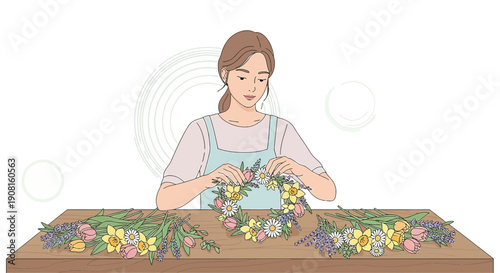 Woman making floral wreath, crafting spring flowers and herbs on wooden table