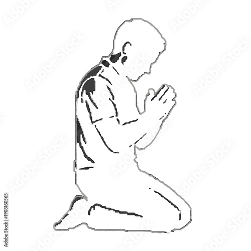 Man kneeling in prayer with hands clasped together.