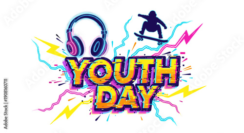 Youth Day graphic with headphones and skateboard elements in vibrant colors  