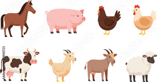 Cute Farm Animal Illustration Set with Horse, Pig, Chicken, Cow, Goat, and Sheep Characters in Friendly Cartoon Style