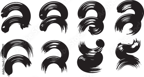Eight black wavy brush strokes with expressive texture and bold shapes on a clean white background
