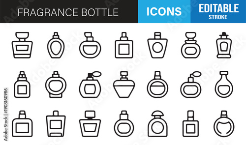 Perfume spray and cosmetic bottle line icon set minimal vector pack