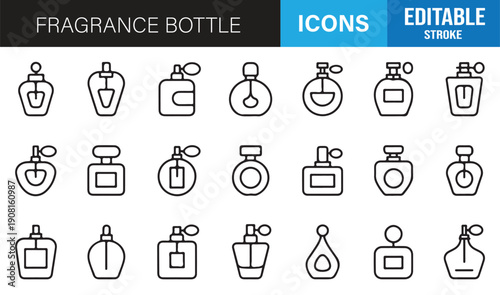 Beauty product fragrance bottle outline icons vector collection
