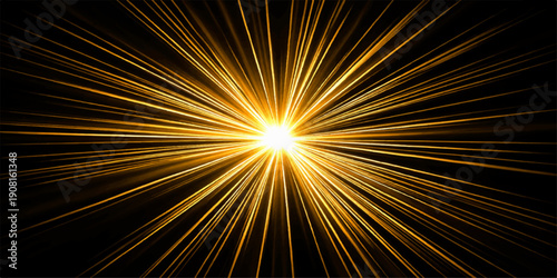 A vibrant abstract fractal burst illustration featuring a bright sunburst pattern with glowing orange and yellow energy rays exploding like a shining star in space