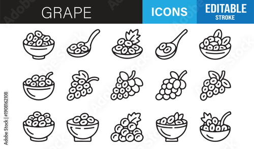Fresh fruit grape line icon set minimal vector pack
