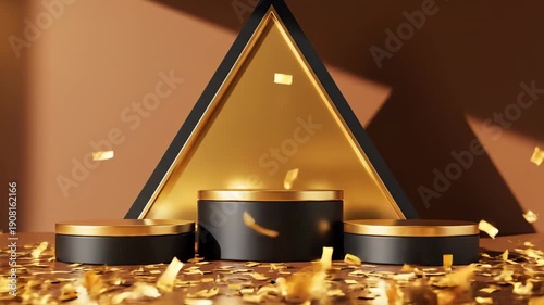 Elegant Black and Gold Podium with Falling Confetti for Product Display.
