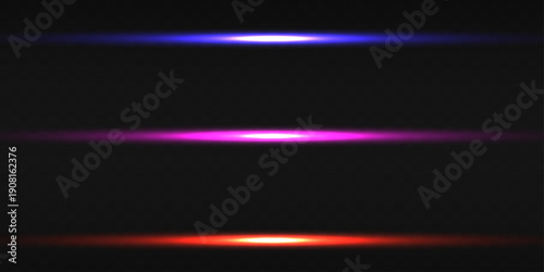 Three neon light flares in blue, pink, and red on a black background. Horizontal glowing beams with vibrant color highlights and dynamic luminous effect.