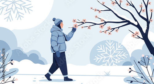Woman in Winter Coat Touching Cherry Blossoms in Snowy Landscape