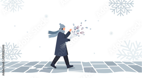 Woman in Winter Coat Walking with Bouquet of Flowers in Snowfall