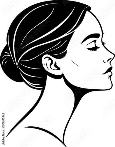 Elegant woman profile illustration with closed eyes black and white vector graphic design for beauty salon or spa logo element