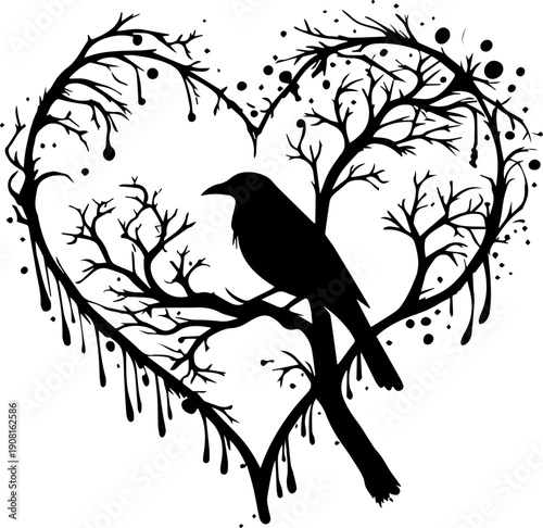 Raven Silhouette in Grunge Heart Frame of Spooky Bare Branches Vector