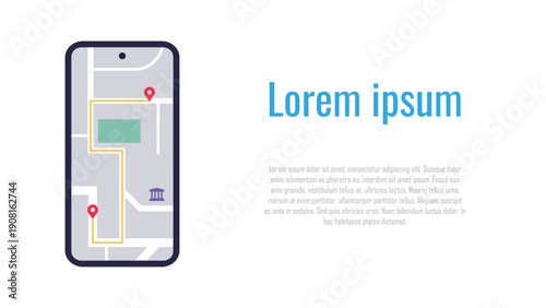 GPS navigation to location pin, City map with directional signs, Guide for driving route, copy space for text