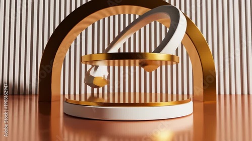 Elegant Golden and White Podium with Arches and Striped Background for Product Display.