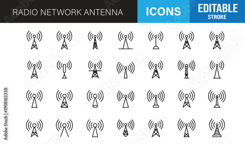 Communication and broadcast antenna minimal line icon collection editable vector